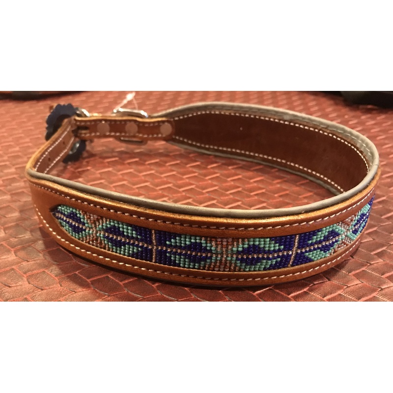 Genuine leather dog collar with a royal blue beaded inlay