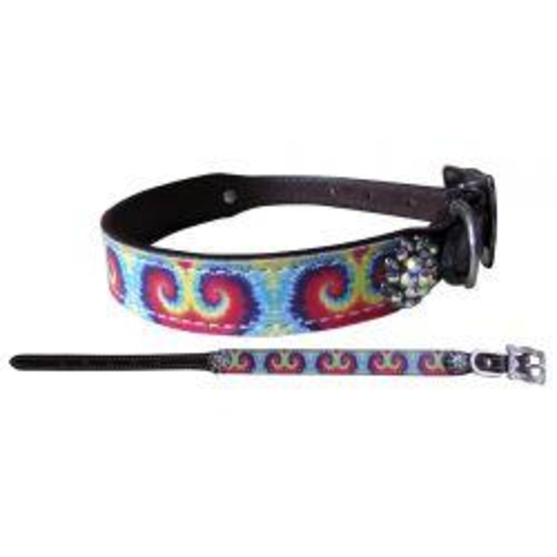 Genuine leather dog collar with tie dye print.