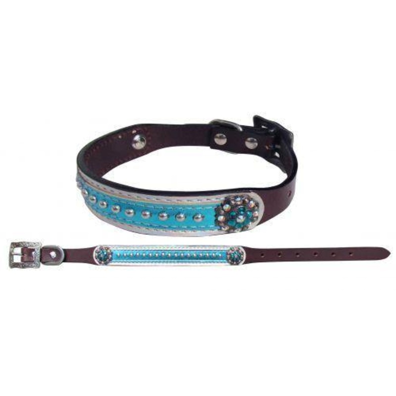 Leather Dog Collar with Metallic Teal Overlay