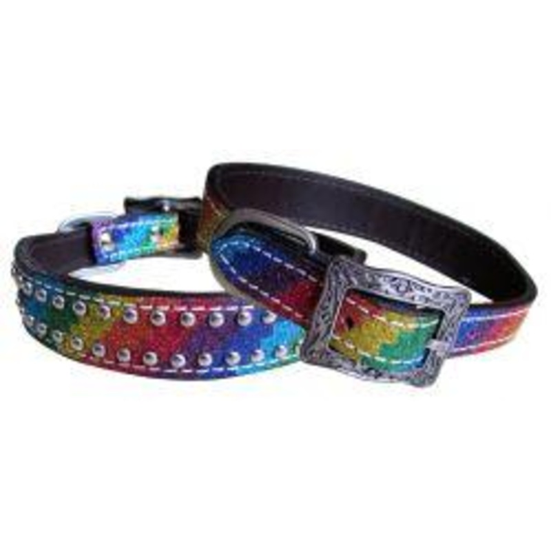 Rainbow Glitter overlay leather dog collar.