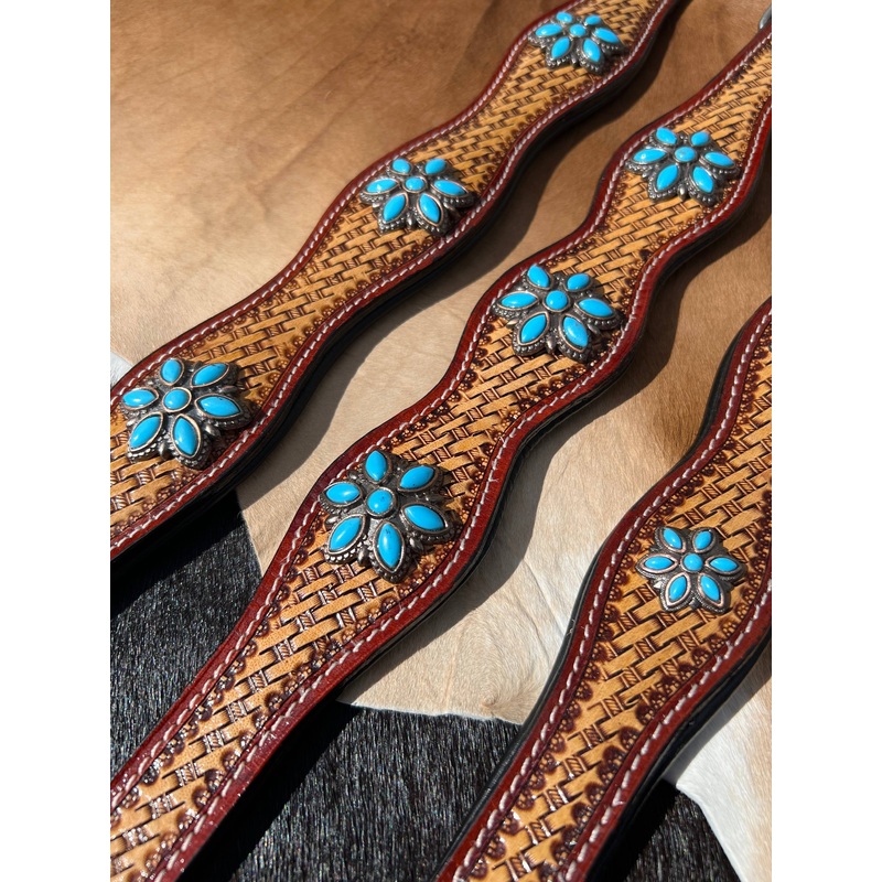 Western Basket Stamped Leather Turquoise Concho Dog Collar