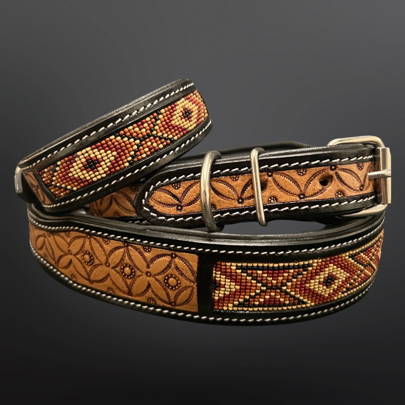 Western Beaded Dog Collar - Tooled Leather