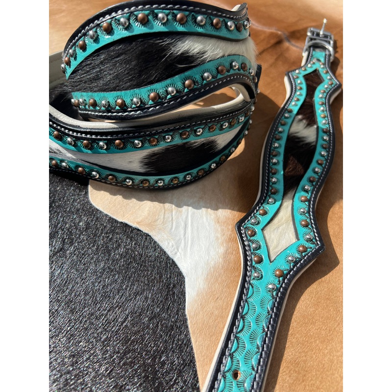Western Hair On Cowhide Scalloped Turquoise Dog Collar