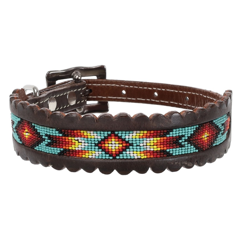 Aztec Flame Beaded Leather Dog Collar