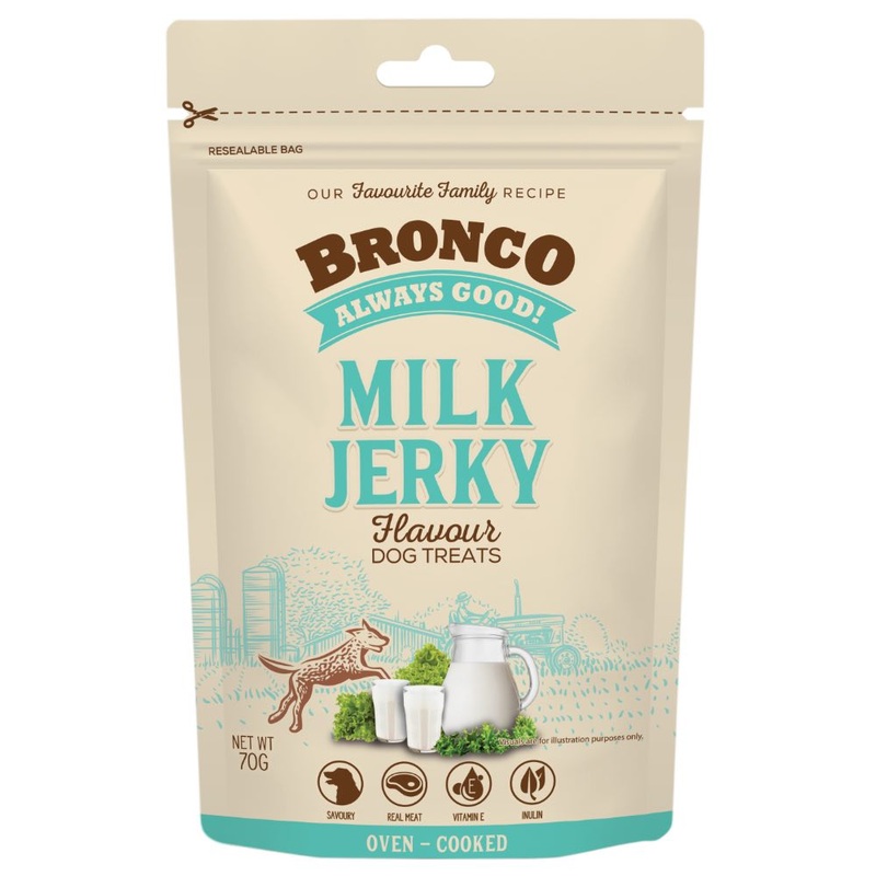 4 FOR $11.50: Bronco Jerky Milk Flavour Dog Treats 70g