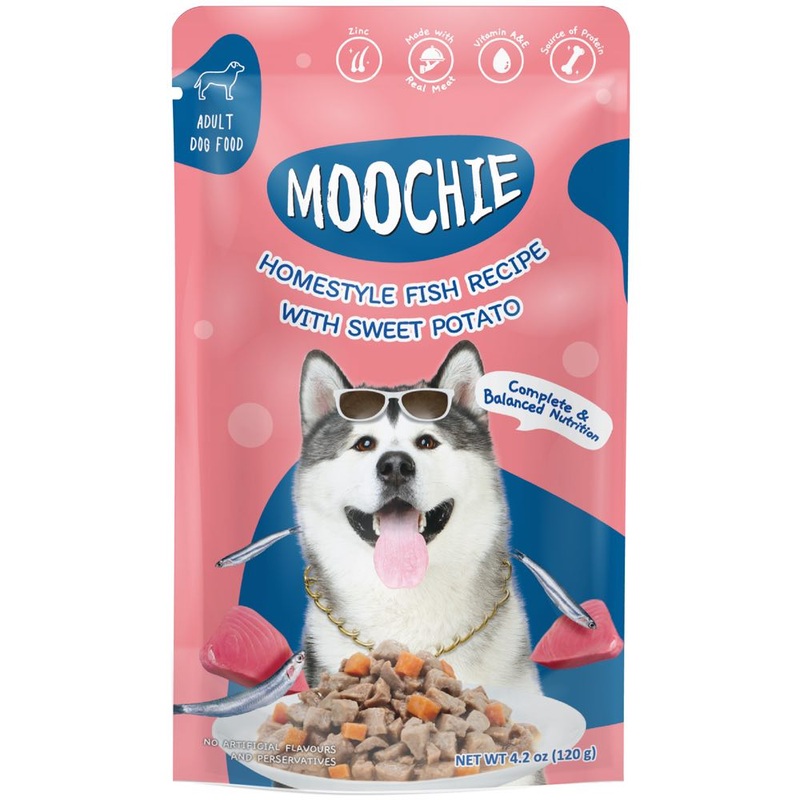 29% OFF: Moochie Homestyle Fish Recipe With Sweet Potato Adult Pouch Dog Food 120g x 12