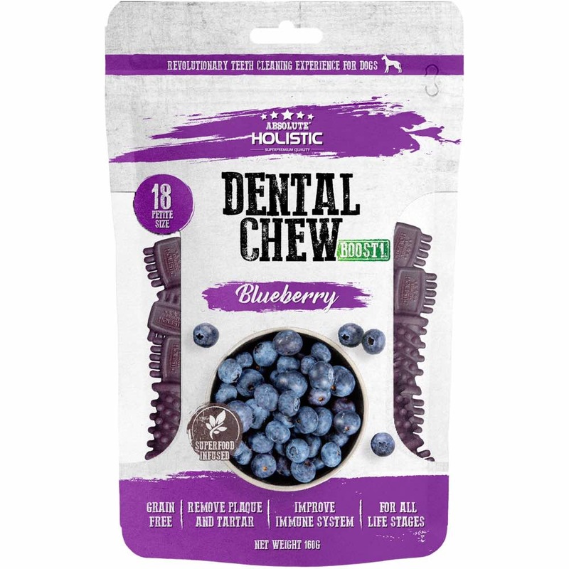 2 FOR $12.80: Absolute Holistic Boost Blueberry Petite Grain-Free Dental Dog Chews 160g