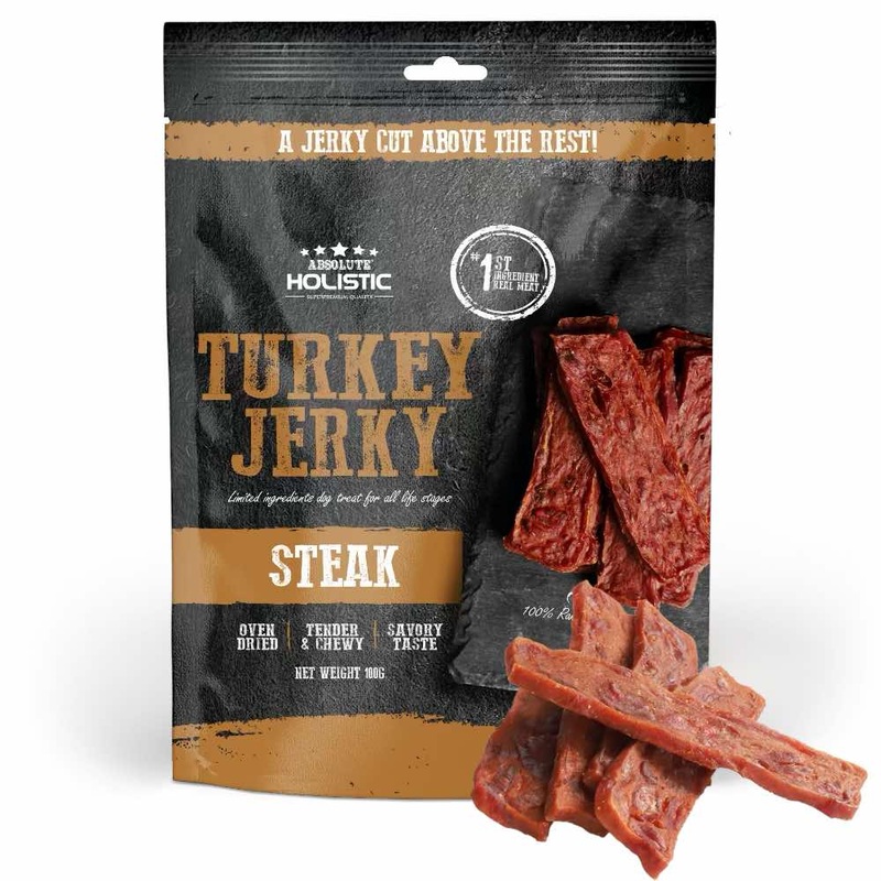 20% OFF: Absolute Holistic Turkey Jerky Steak Dog Treats 100g