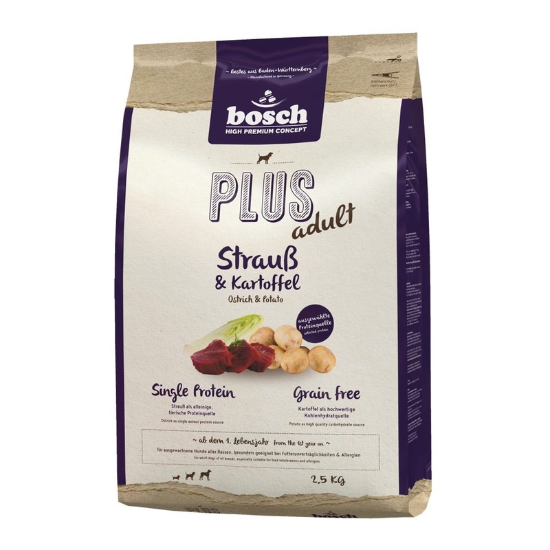 '15% OFF 2.5kg(Exp19Sep25) + FREE FD TREATS': Bosch High Premium Plus+ Ostrich & Potato Grain Free Dry Dog Food