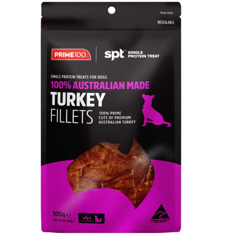 'BUNDLE DEAL': Prime100 Single Protein Turkey Fillets Air Dried Dog Treats 100g