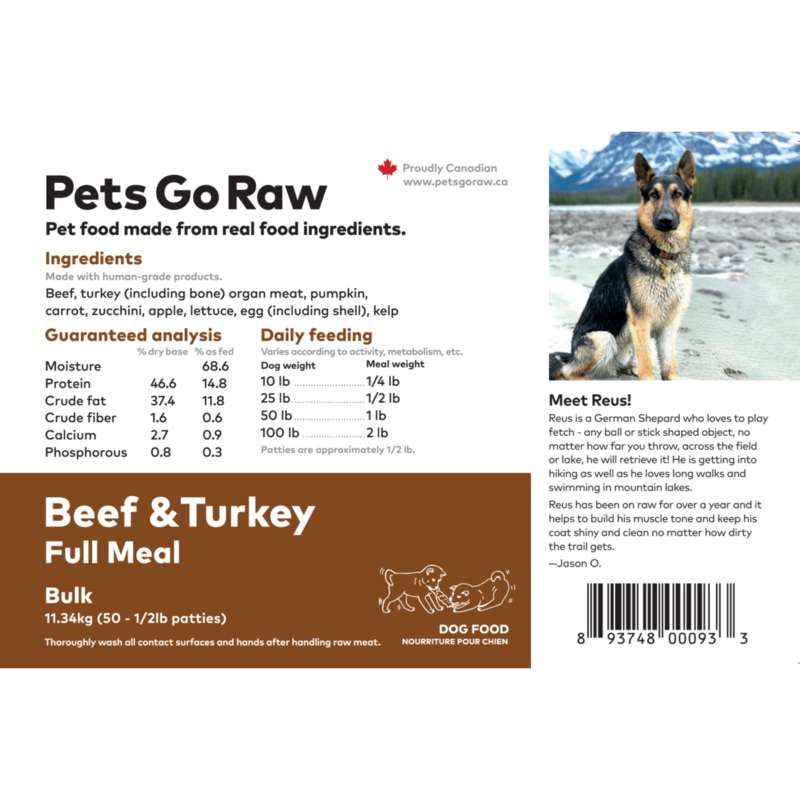Pets Go Raw beef and Turkey Full Meal