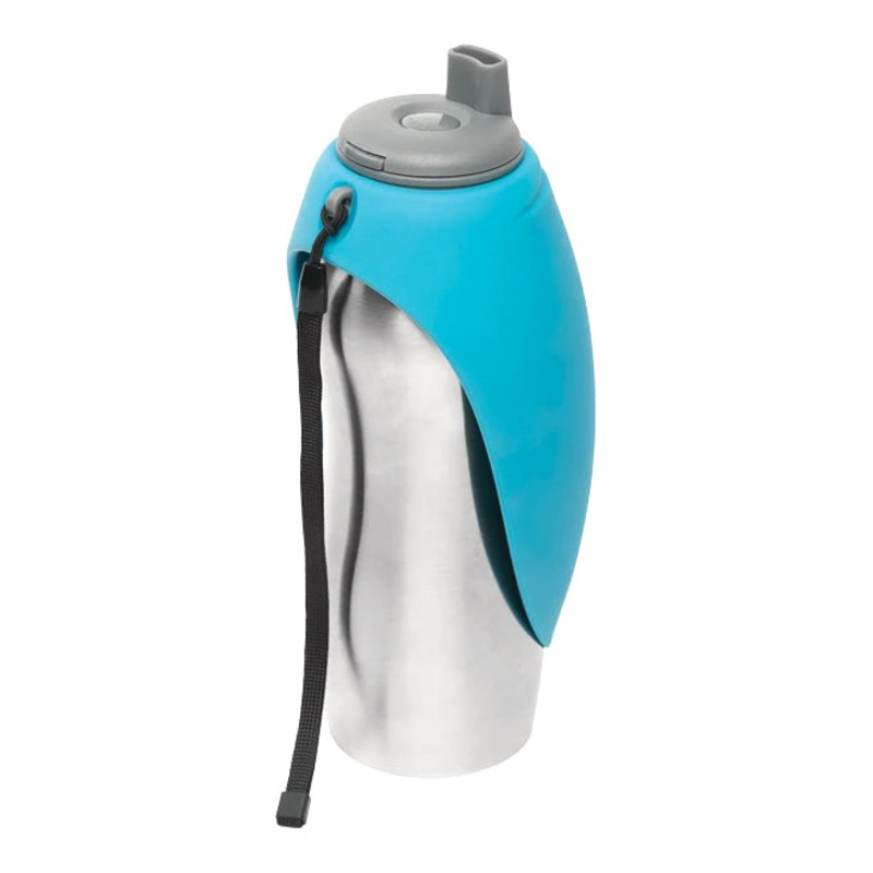 Messy Mutts Blue Stainless Travel Bottle with Silicone Flip Up Bowl for Dogs
