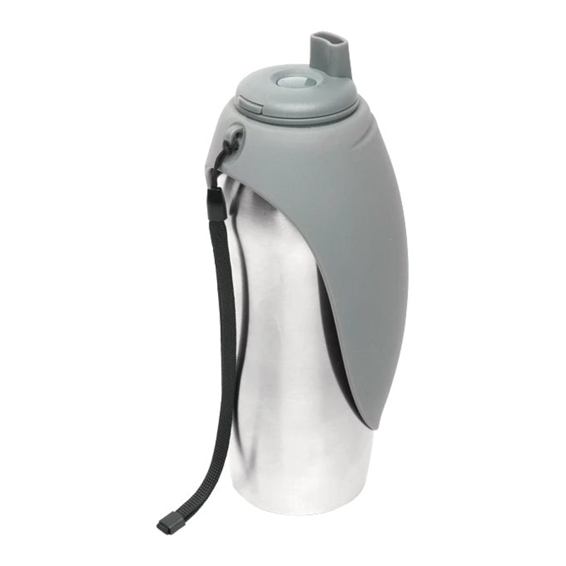 Messy Mutts Grey Stainless Travel Bottle with Silicone Flip Up Bowl for Dogs