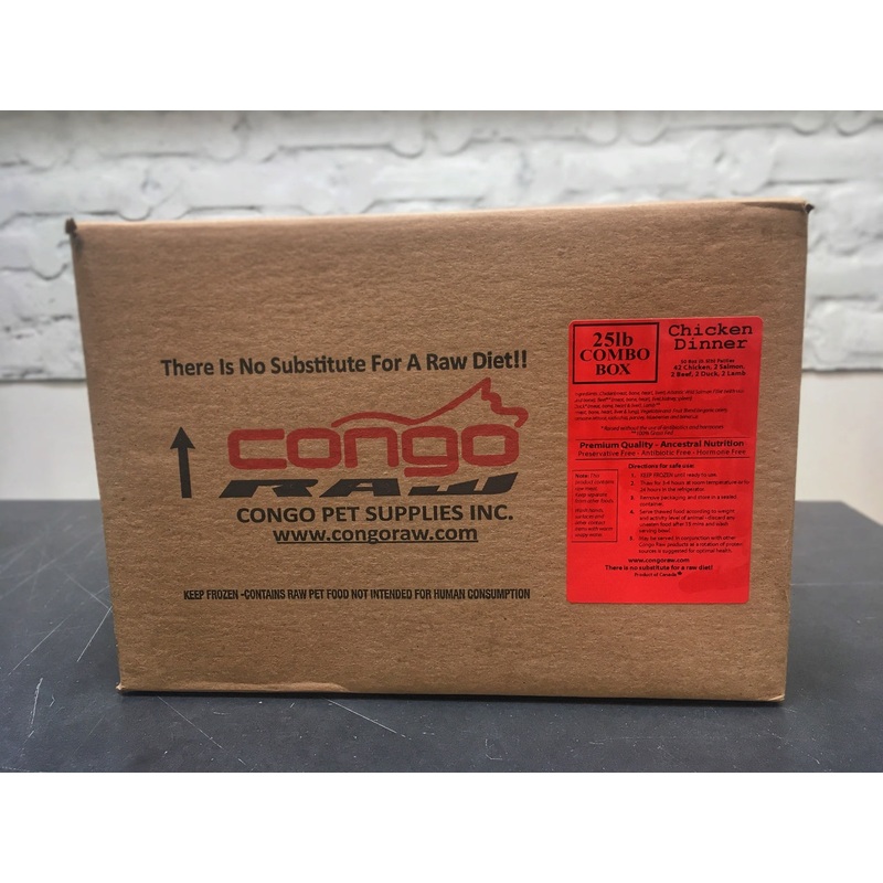 Congo Raw Chicken, Lamb, Beef, Duck, Salmon Combo Box 25lb (8oz patties)